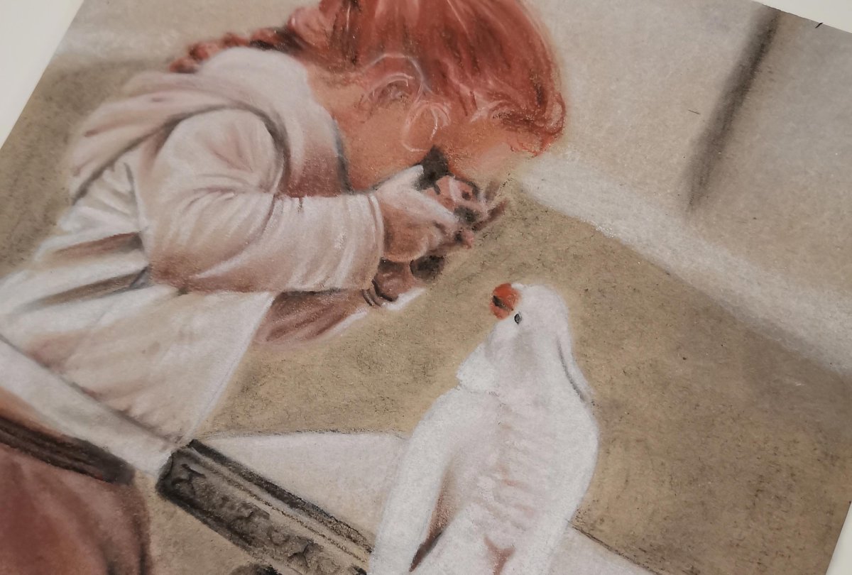 Fille et le perroquet Dessin pastels